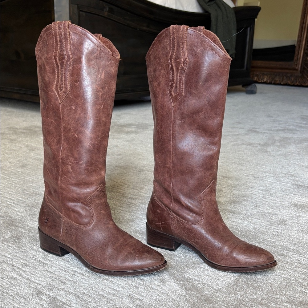 FRYE AND CO. Brown Leather Western Knee-High Heeled Boots - Picture 3 of 8